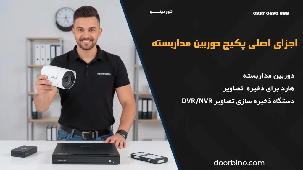 اجزای پک کامل دوربین مداربسته شامل دوربین، دستگاه DVR/NVR و هارد دیسک